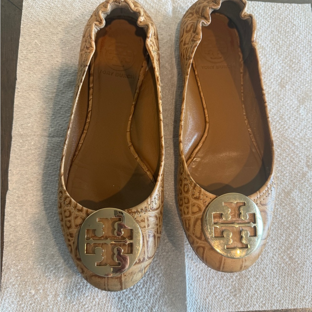 Tory Burch Embossed Tan Flats with Gold Logo
